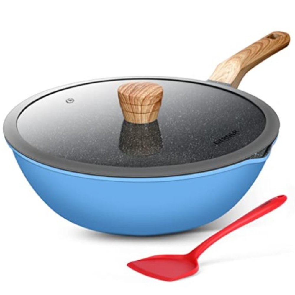 CYRDER: 13"/5 QT - Nonstick Wok - Deep Frying Pan w/ Lid + Spatula  (Blue)